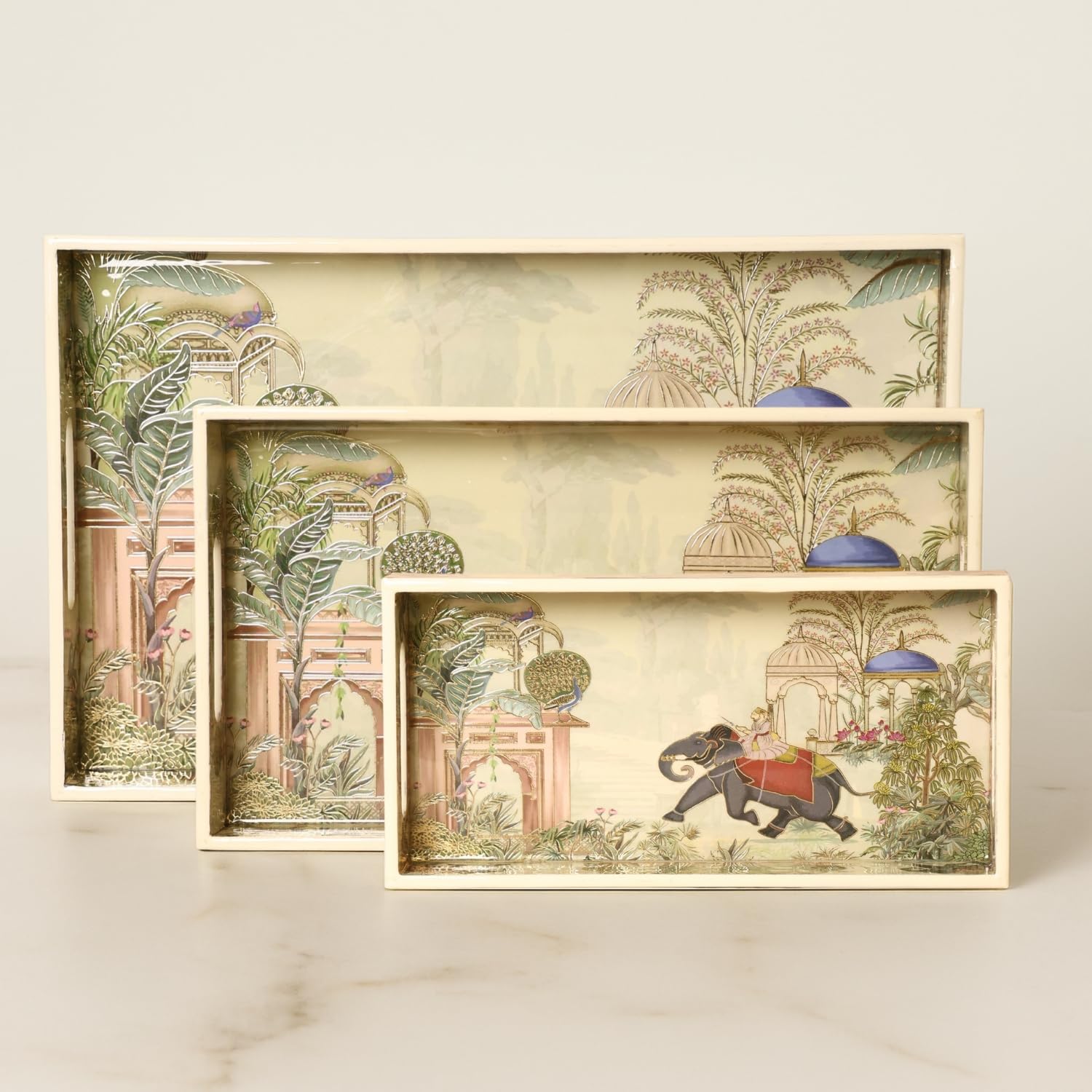 Wooden Serving Tray Set of 3 with Gold Engraving | Royal Camel Design | Waterproof Enamel Coated Decorative Trays | Rectangular, 16X10, 14X8, 12X6 (Royal Elephant)